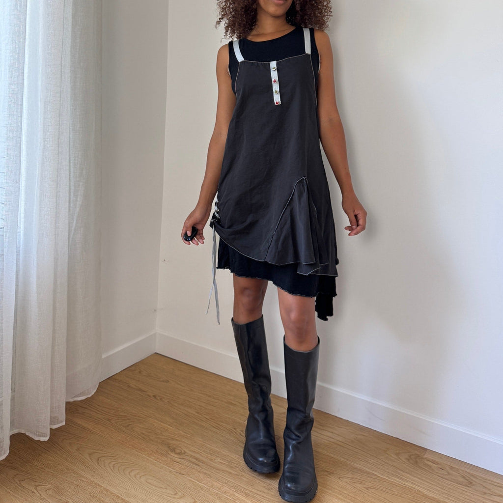 Vintage Deconstructed Apron-Layer Mini Dress (M)