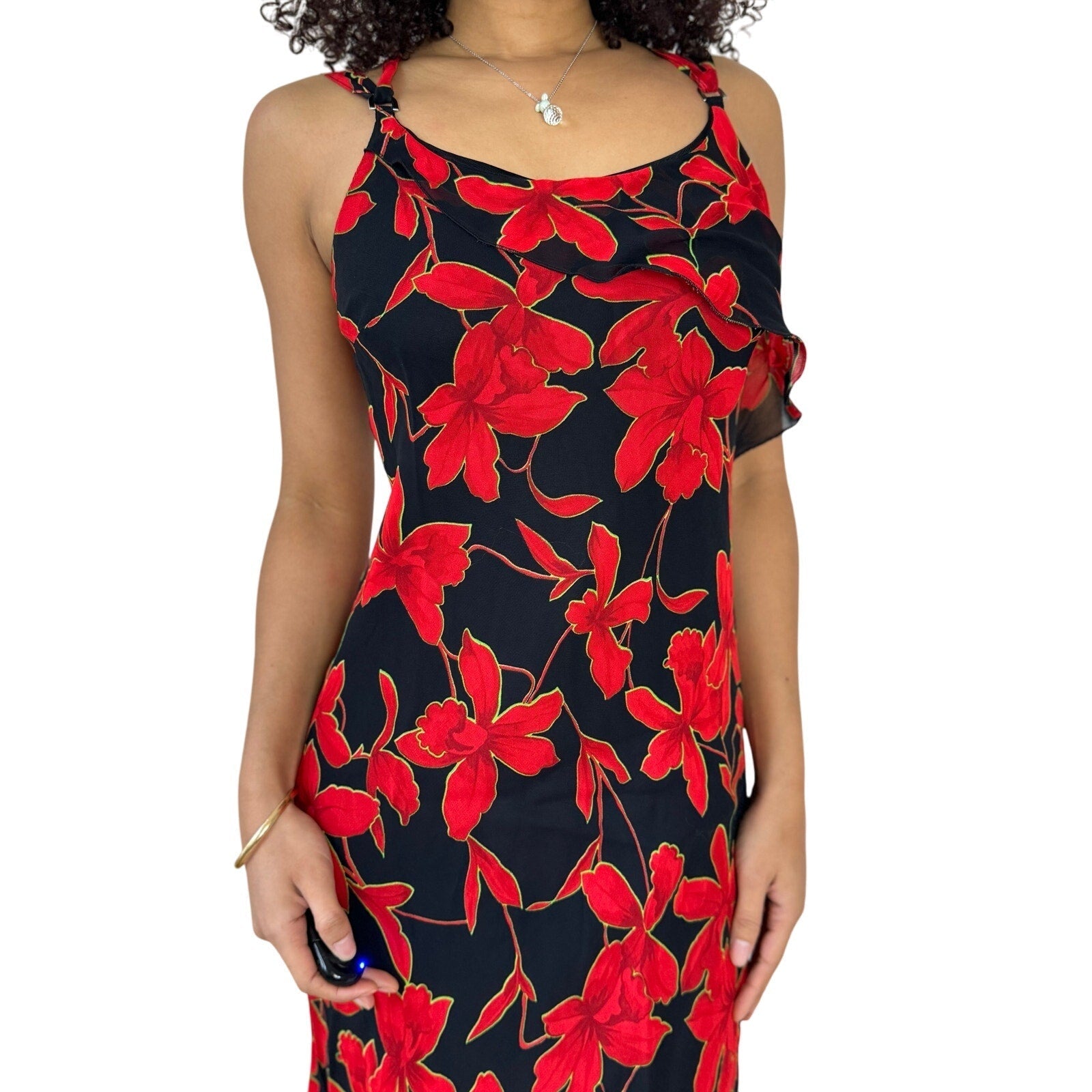Vintage Red Floral Mesh Midi Dress (M)