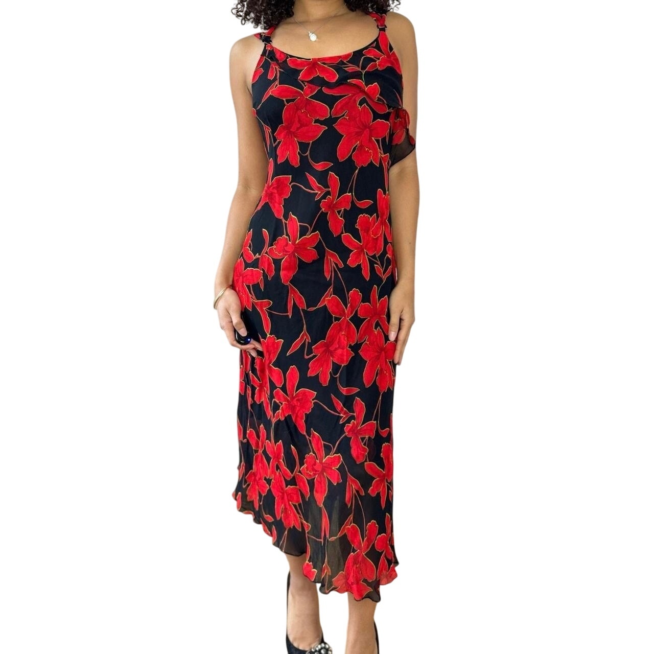 Vintage Red Floral Mesh Midi Dress (M)