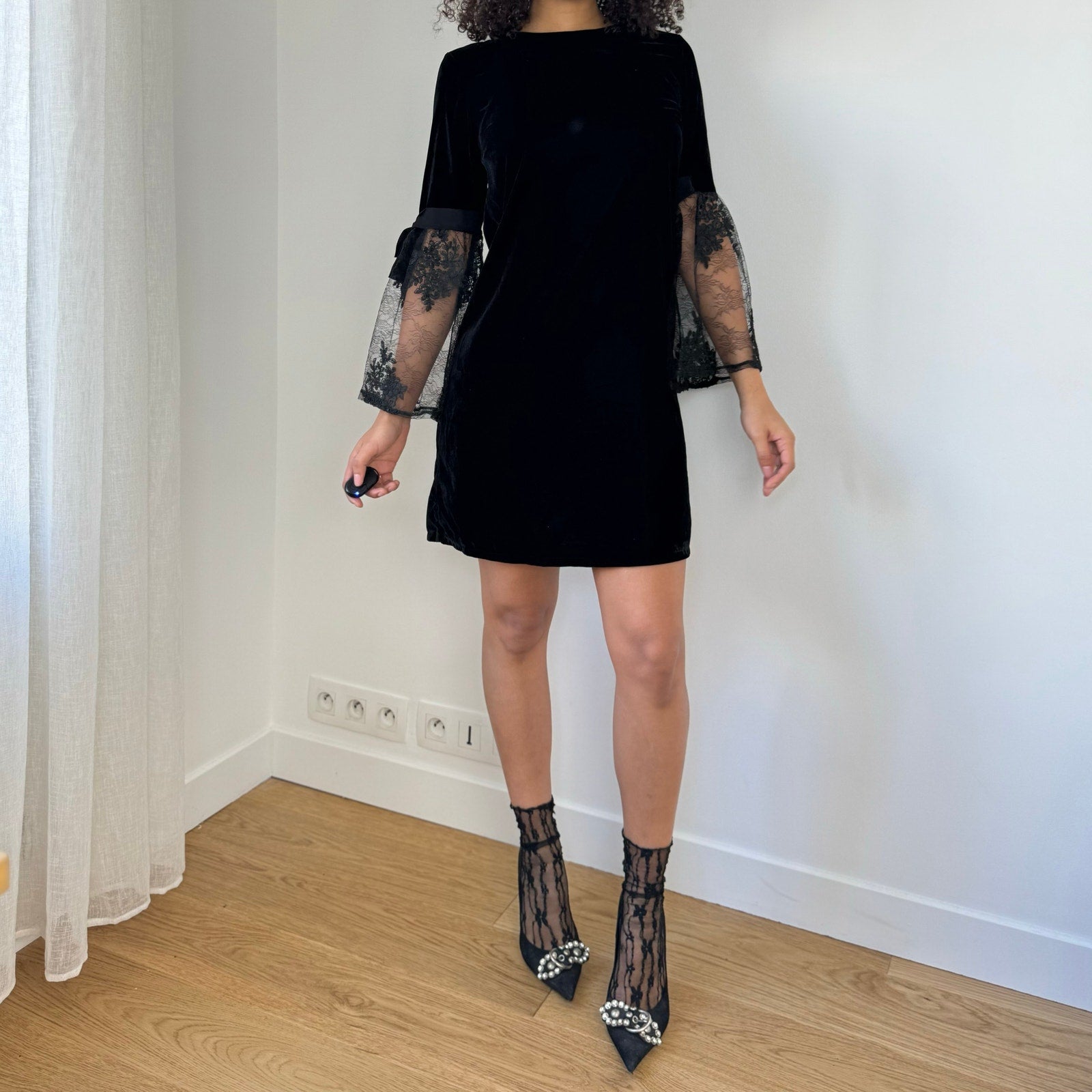 Vintage Italian Black Velvet Mini Dress (S)