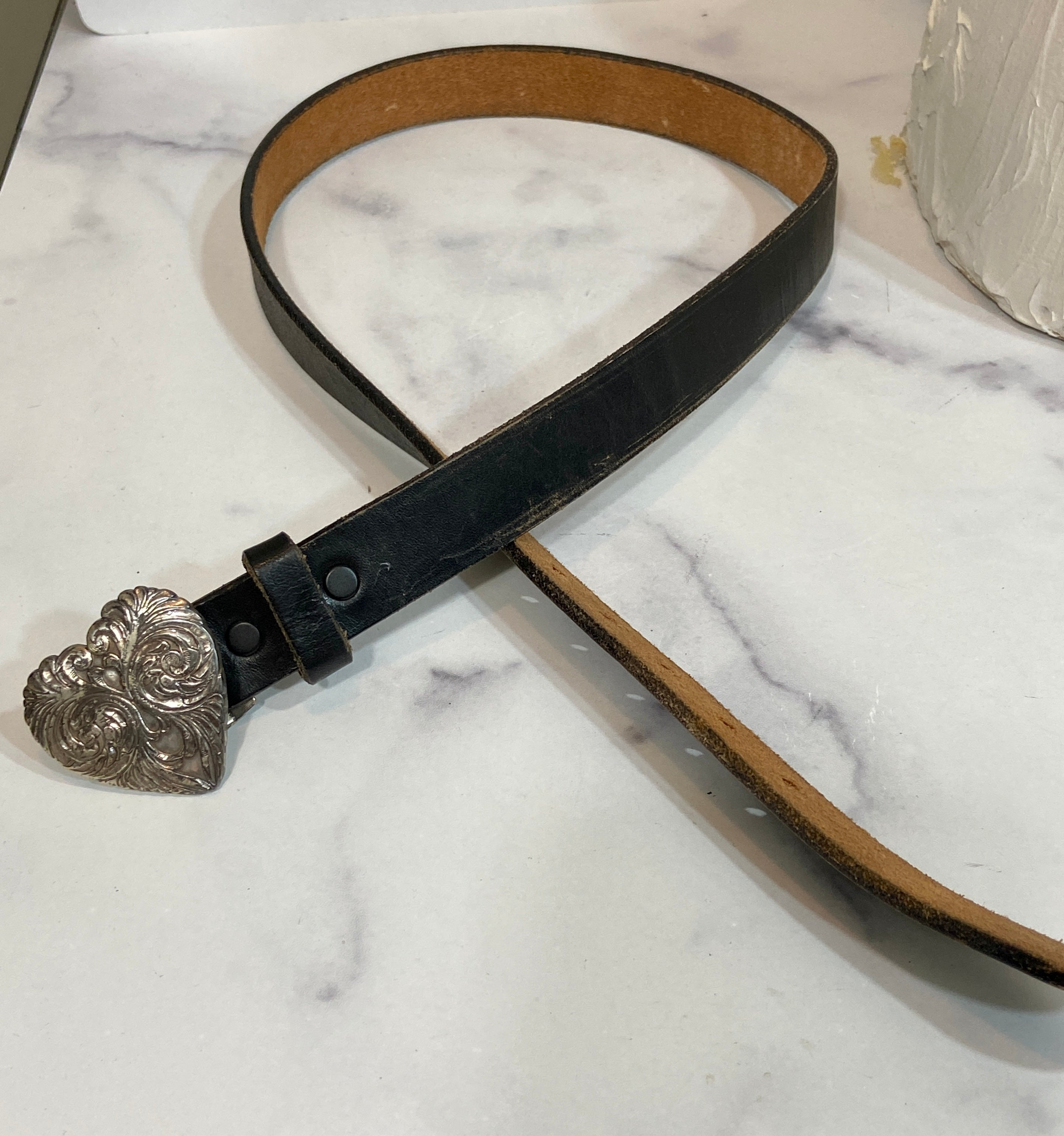 Vintage Engraved heart in black belt