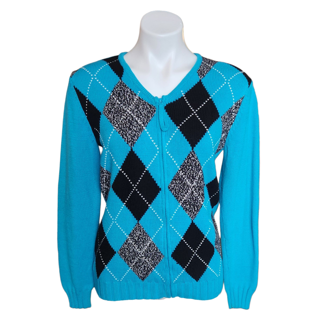 Teal Plaid Zip-up Sweater (M)