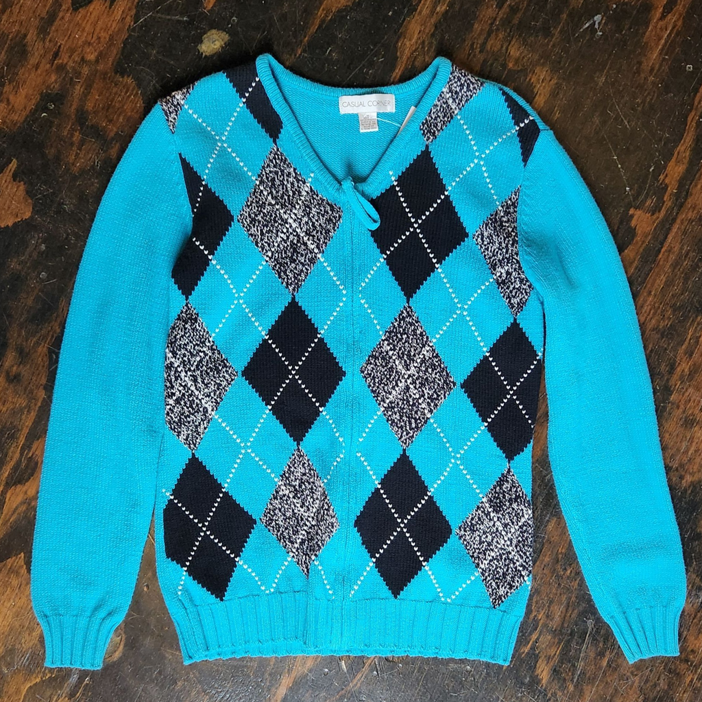 Teal Plaid Zip-up Sweater (M)