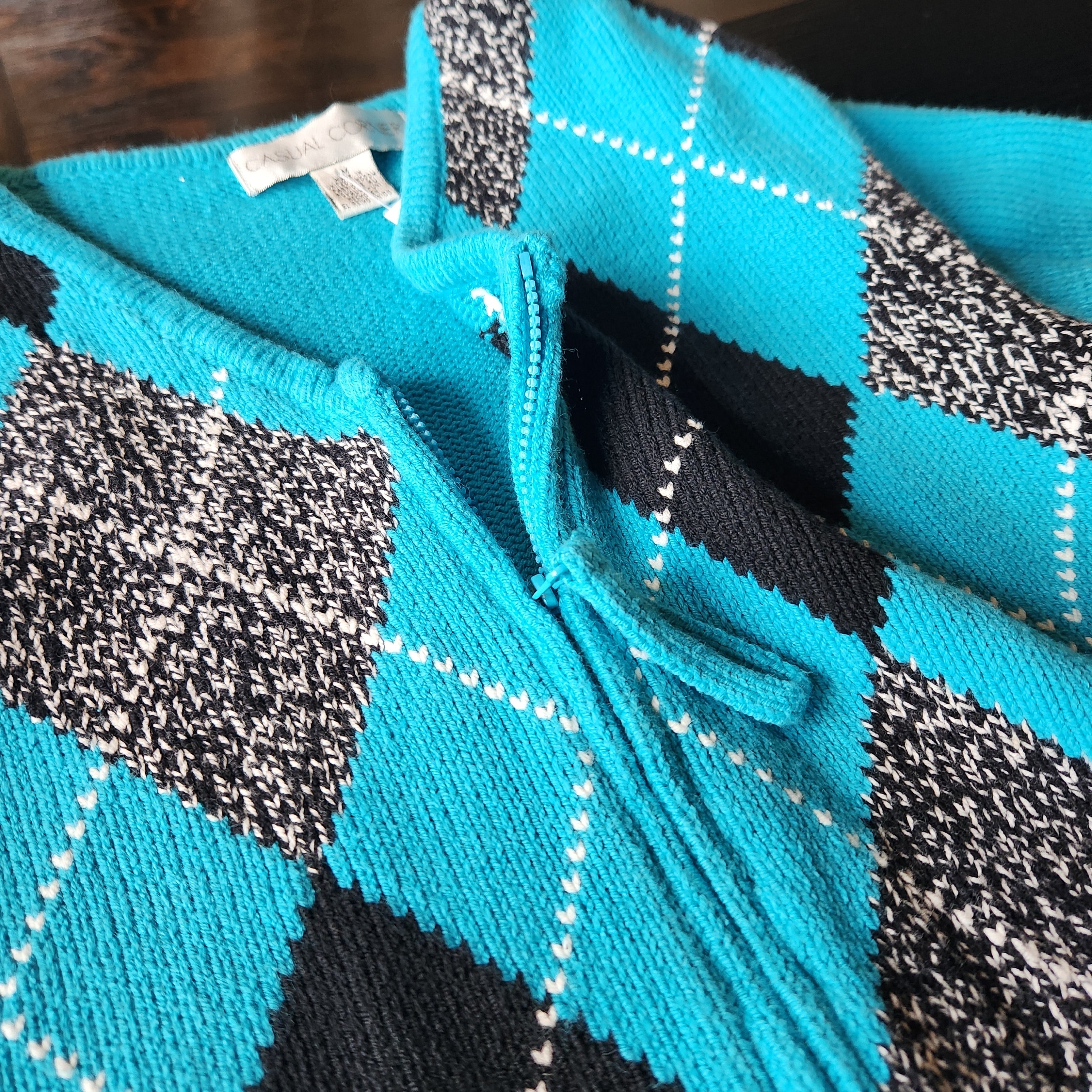 Teal Plaid Zip-up Sweater (M)